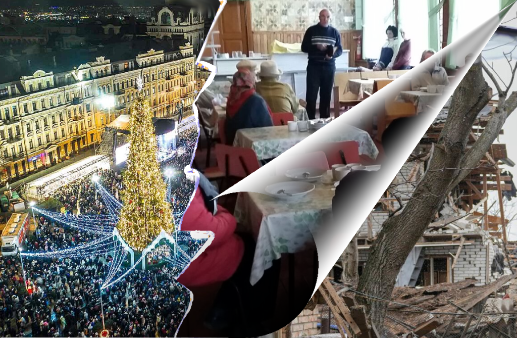 split foto van links verlcihte kerstboom in 2019 in Kiev en rechts ouderen die in kou warme maaltijdkrijgen